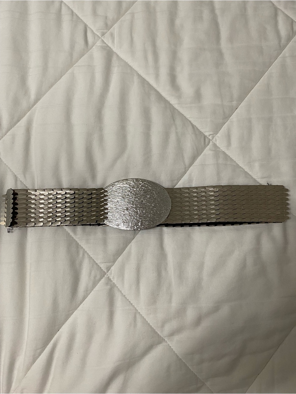 Silver Stretch Waist Belt with Textured Oval Buckle vintage fish scale